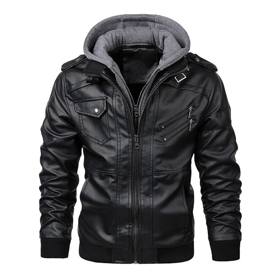black leather jacket with hood  men